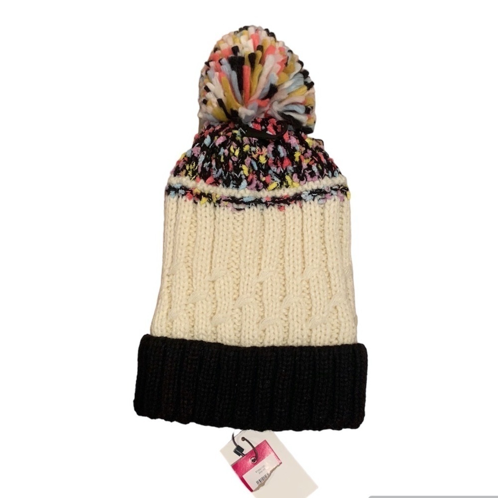 Vince Camuto Fleece Lined Popcorn Stripe Pom Pom Beanie NWT